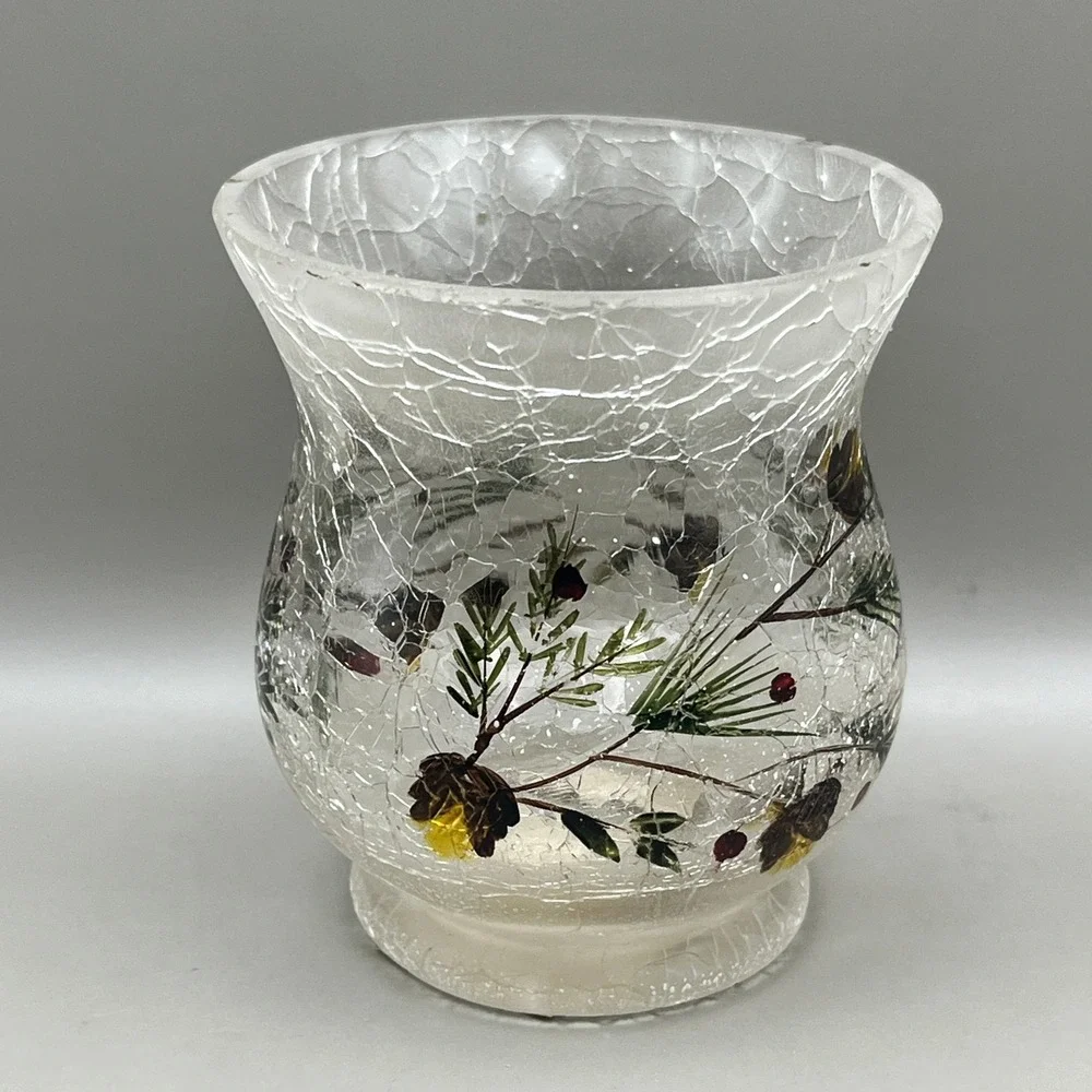 Yankee Candle Pinecone Crackle Glass Hurricane‎ Candle Holder Winter Votive 3.5